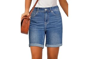 luvamia Jean Shorts for Women High Waisted Trendy Causal Summer Fold Hem Stretchy Long Denim Shorts 7 Inch Inseam
