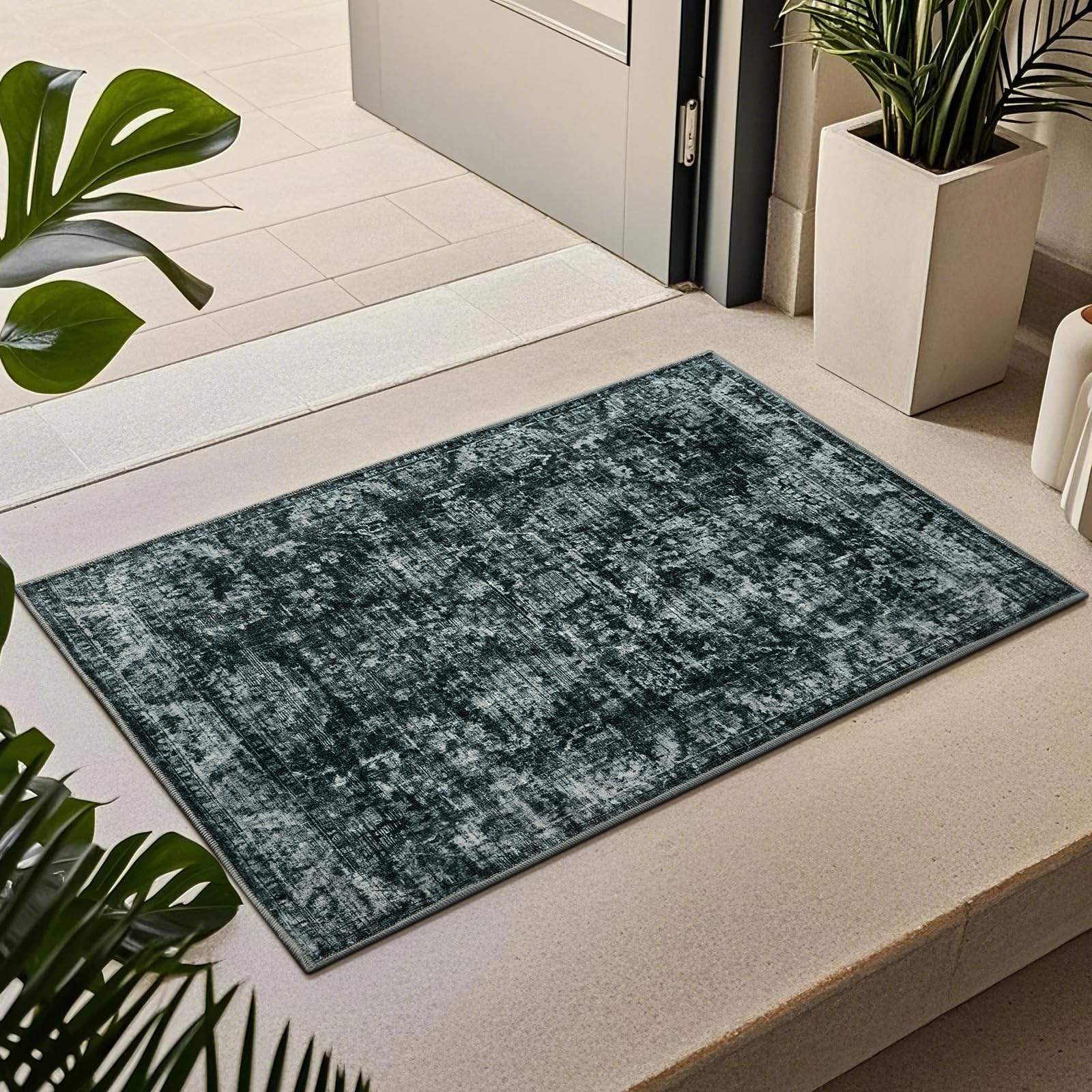 Photo 1 of 2x3 Washable Rugs for Entryway, Small Area Rug for Kitchen Non Slip, Soft Modern Throw Rugs for Bedroom Beside, Front Door Mat Indoor Entrance Entry Rug, Low Pile, Non-Shedding, Foldable, Gray