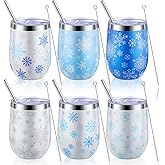 Kritkin 6 Pieces Christmas Wine Tumbler 12 oz Winter Snowflake Stainless Steel Wine Glass Tumbler with Lids and Straw Brushes Insulated Double Wall Travel Tumblers for Christmas Gift Family Women Men