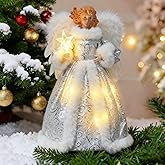 Christmas Tree Topper Angel – 12" Lighted Angel Christmas Tree Topper with Lights, Xmas Tree Toppers Decorations Ornament with White Feather Wings, for Holiday Home & Christmas Decorations