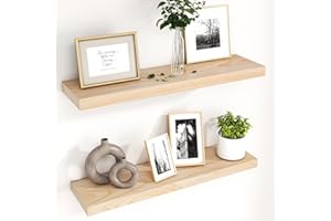 fuqing Natural Wood Floating Shelves for Wall, 30 Inch Wood Floating Shelves Set of 2, Natural Wooden Wall Shelves for Living Room Bedroom Home Office - Natural