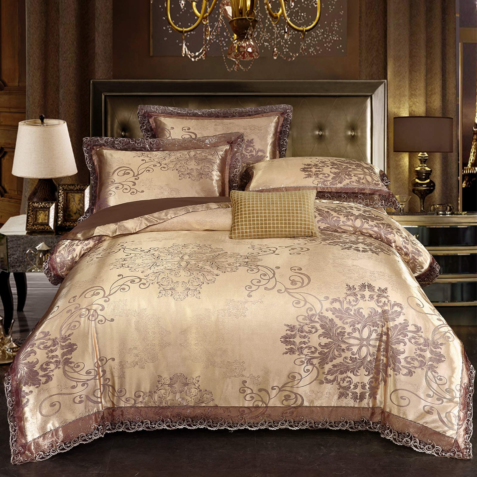 Beyeutao Jacquard Duvet Cover Double Bedding Set Elegant Paisley Bedding Damask Duvet Cover Gold Duvet Set 3 Piece Bedding Set Satin Duvet Cover Set Pillowcases. (Champagne Gold, Double)