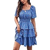 PRETTYGARDEN Women's 2026 Floral Summer Short Dress Square Neck Short Sleeve Tiered Ruffle Boho Swing Dresses