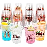 100Pcs Christmas Clear Plastic Cups 12 OZ Christmas Drinking Cup Bulk Disposable Xmas Party Plaid Cups Truck Tree Gingerman Deer Design for Home Kitchen Holiday Winter Party Supplies