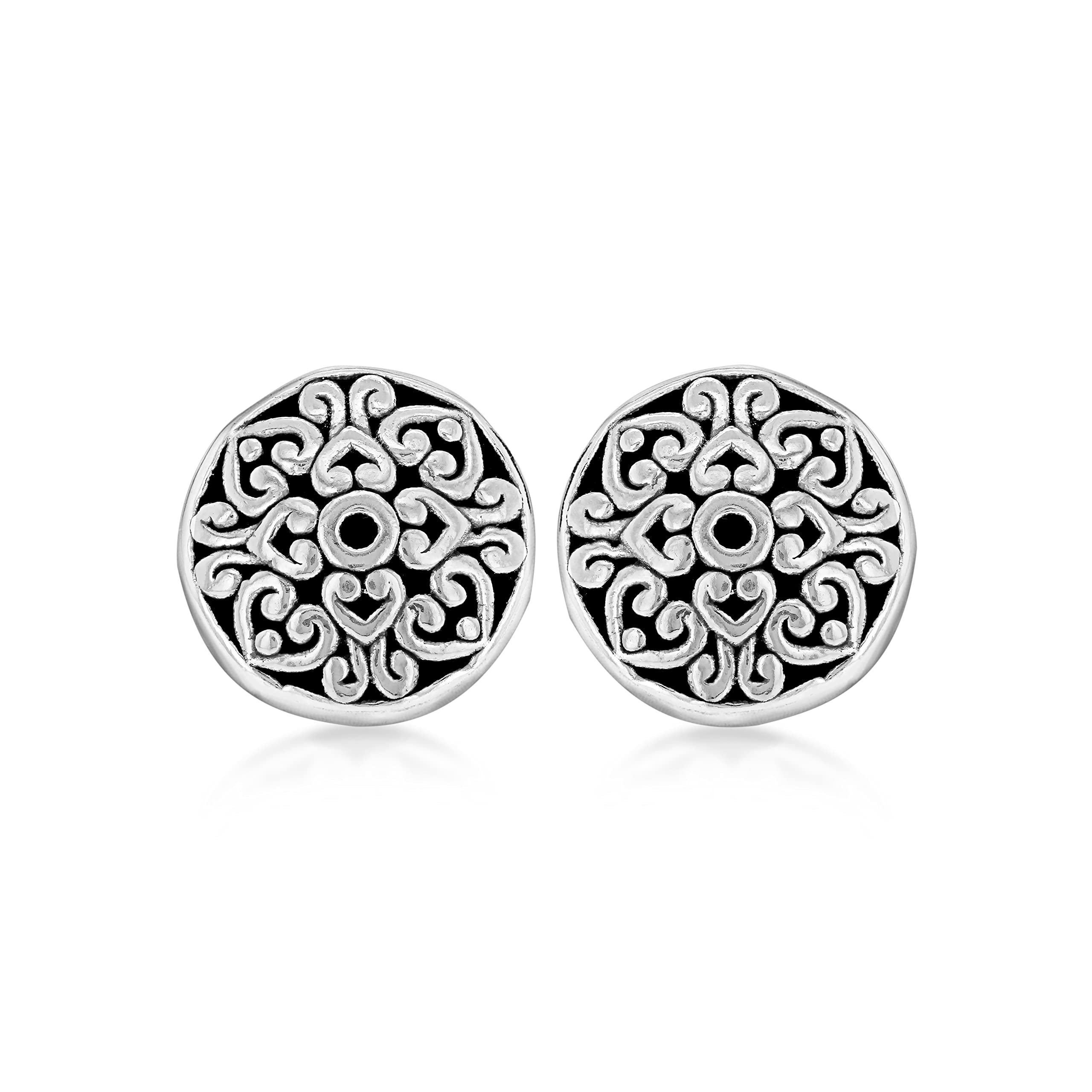 Tuscany Silver Women's Sterling Silver Oxidised Antique Style Patterned Stud Earrings, 13.2 mm