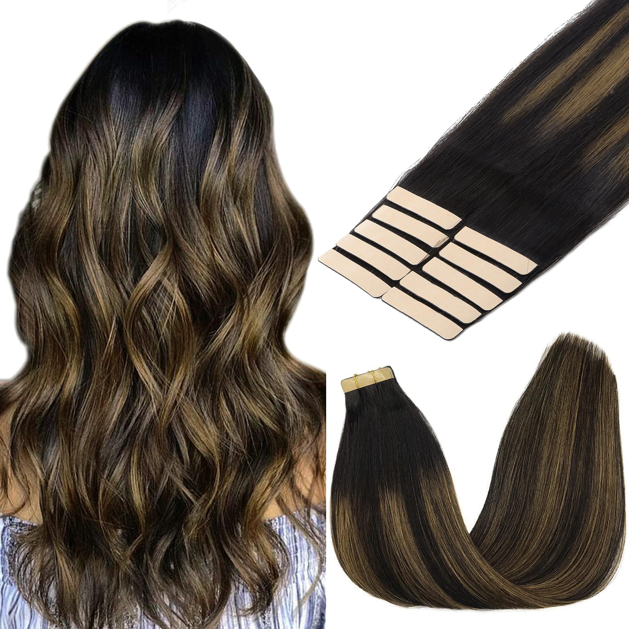 GOO GOO Tape in Hair Extensions human hair, tape Hair Extensions, 24inch 30g 10pcs, Human Hair Extensions, 1B/6/1B Black to Chestnut Brown