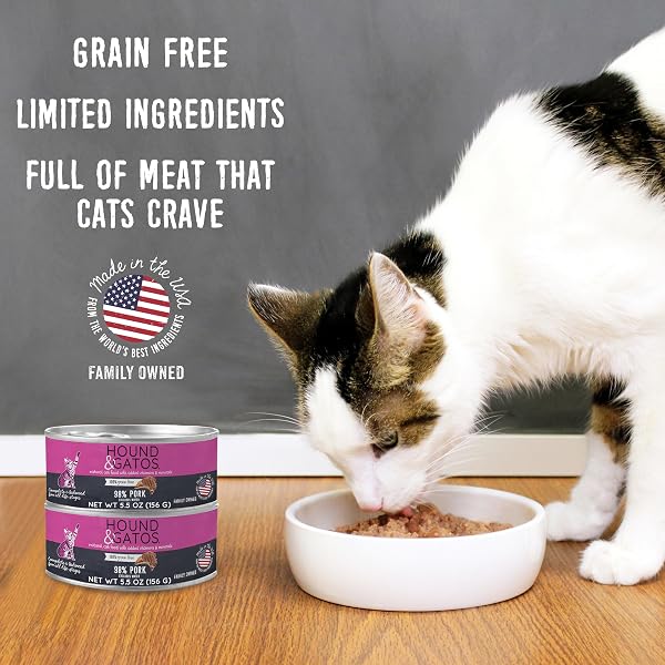 HOUND & GATOS PORK WET CAT FOOD, SINGLE PROTEIN, 98% REAL MEAT, HIGH PROTEIN CAT FOOD, GRAIN FREE, LIMITED INGREDIENT, 5.5 OZ CANS (SINGLE)