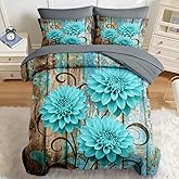 Nesker Comforter Set Queen Size, Teal Farmhouse Dahlia 7 Pcs Bedding for Kids and Adults, Rustic Flower Abstract Leaves Bed Sheet Sets with Fitted Sheet 2 Pillowcases & 2 Shams