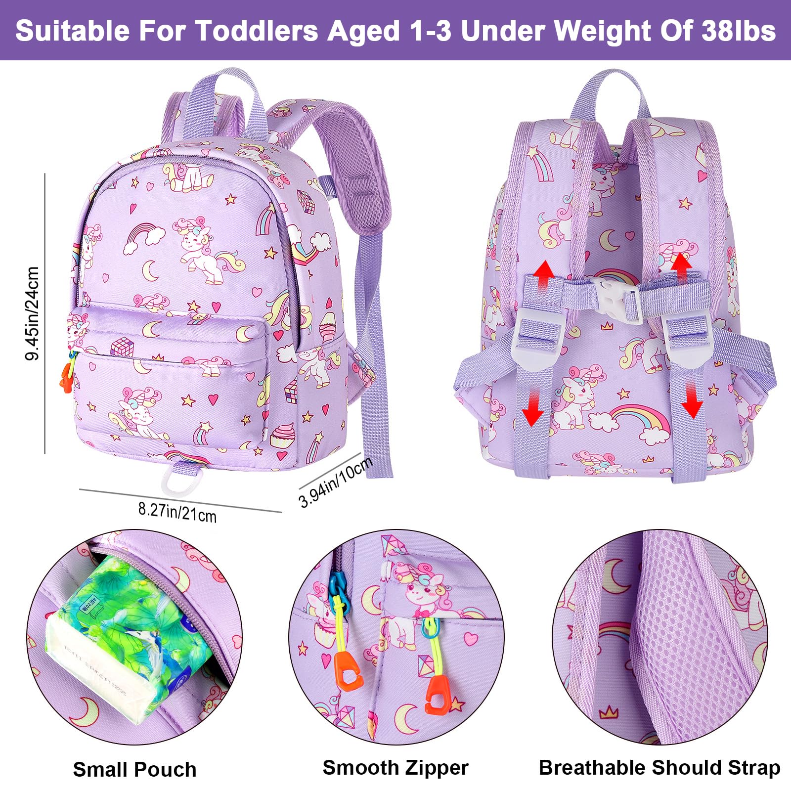 Accmor Accmor Toddler Backpack Leash with Anti Lost Wrist Link, Cute Mini Child Walking Harnesses Keep Kids Close Back Pack Rope Tether Rein for Baby Boys (Purple/Unicorn)