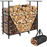 HONEST OUTFITTERS 4ft Firewood Rack Outdoor, Adjustable Heavy Duty Firewood Holder, Adjustable Wood Racks for Outdoor Indoor, Metal Log Racks for Firewood with Firewood Bag Carrier, Black