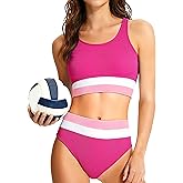 Girls Swimsuits 2 Piece Hot Pink Bikini Swimwear Set Ribbed Color Block Athletic Padding Bathing Suits with Adjustable Straps for 9-10 Years Old
