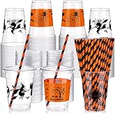 Yaomiao 300 Pcs 12 oz Halloween Plastic Party Cups with Lids and Straw Happy Halloween Plastic Cup Halloween Disposable Clear Cups Whiskey Party Cups Black Pumpkin Witch Drinking Set for Party Supply