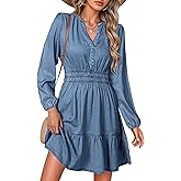 Simplee Womens Fall Denim Dress Casual Long Sleeve V Neck Empire Waist Ruffle A Line Flowy Short Jean Dresses with Pockets