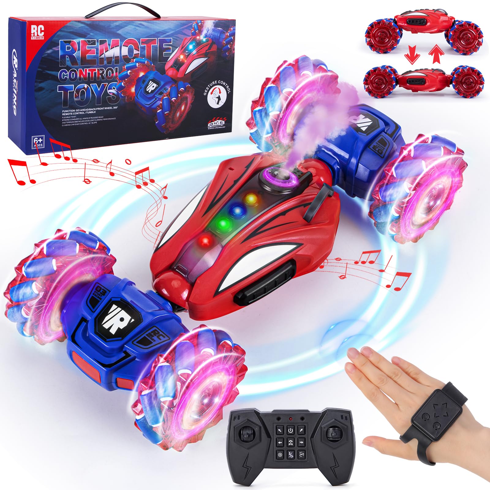 Highttoy 4x4 Gesture Control RC Stunt Twist Car with Spray, Music & Lights, 2.4GHz 360° Rotation Spider Remote Control Car Toys for 6 7 8 9 10 Year Old Boys Girls Gifts, Red — image 1