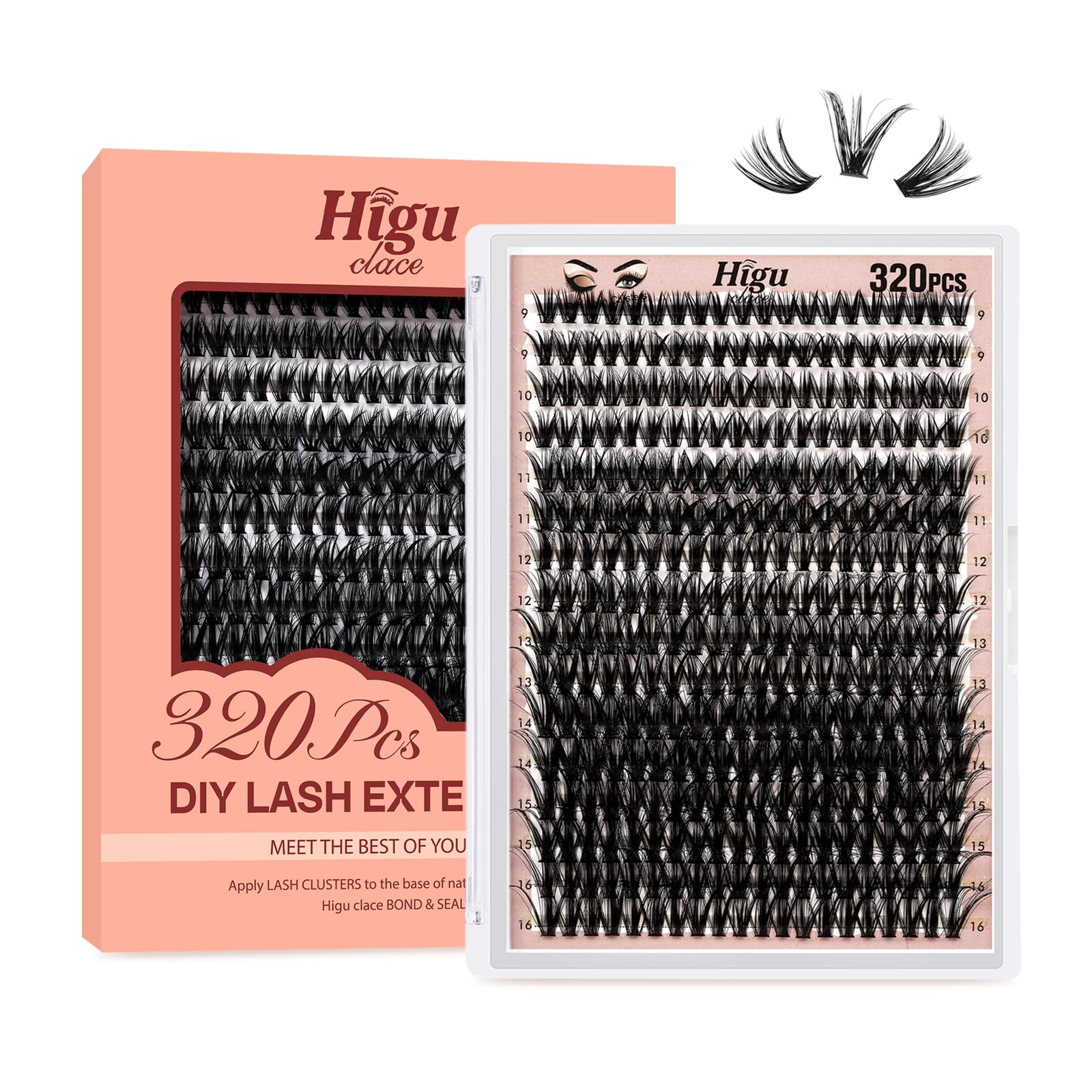 Higu clace Individual Lashes Cluster 320pcs, C curl Lash Clusters 50D DIY Individual Eyelashes 9-16mm Mixed,Wispy Lash Extension Reusable False Lashes Clusters(50D Ccurl 9-16mm) — image 1