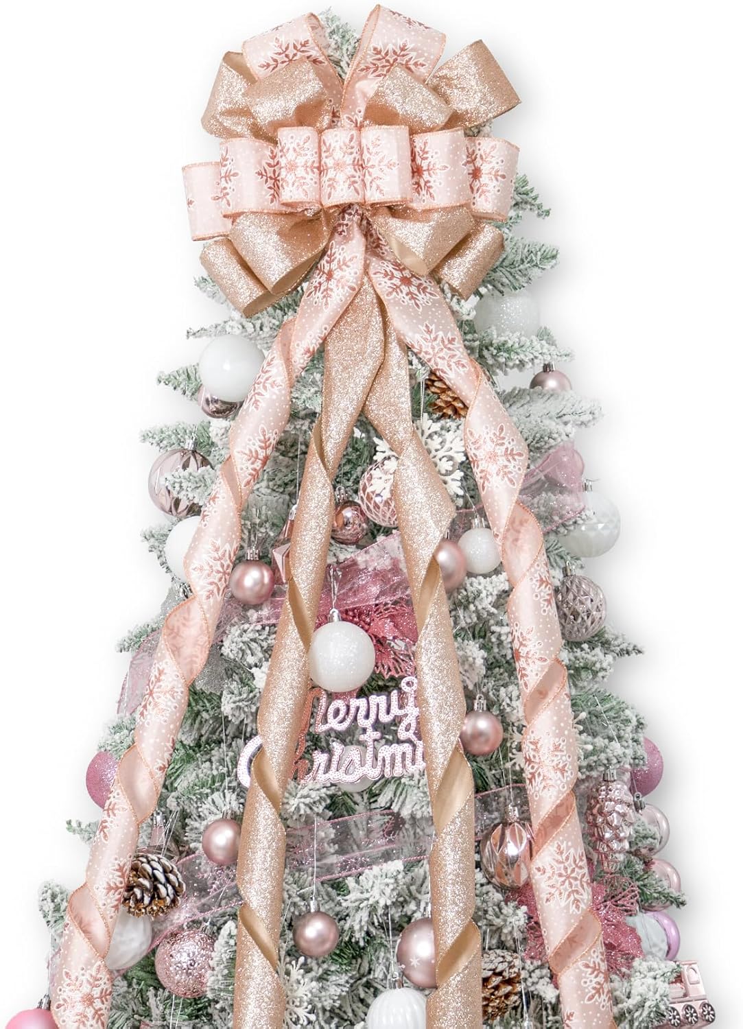 Tree Toppers - Christmas Tree Topper Bow, 53x13 Inches Large Christmas Bow with Glitter Streamer and Patterned Ribbon, Decorative Bows for Xmas Tree Wreath Door Festival Home Decor(Pink & Rose Gold Snowflake)