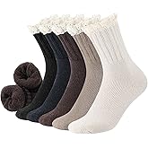 Foaincore 5 Pair Lace Top Boot Socks Women Warm Winter Cotton Socks with Lace Solid Thick Cozy Frilly Knit Crew Sock Gift