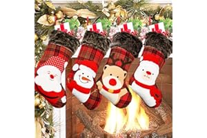 FQZYLCH Christmas Stockings 4 Packs, 18 Inches Large Burlap Buffalo Plaid Xmas Christmas Stockings, with Reindeer Snowman White Bear and Santa Claus Style Pattern, Suitable for Christmas Decoration