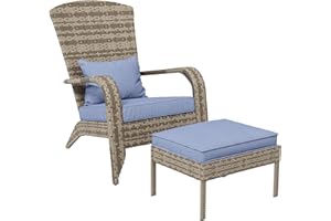 Outsunny Patio Wicker Adirondack Chair with Ottoman, Outdoor Fire Pit Chair with Cushions, High-Back, Large Seat & Armrests for Deck, Garden & Backyard, Gray