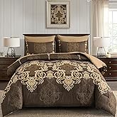 Mybedsoul 7 Pieces Coffee Comforter Set King Size, Damask Bed in a Bag for King Bed, Lightweight Microfiber Boho Bedding Sets with Comforter, Sheet, Pillowcases & Shams for All Season(90"x104")