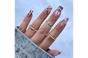 RUOKEXIN Square Press on Nails Medium Length Fake Nails with Glue Purple Acrylic False Nails with Brown Striped Love Heart Designs Glossy Gold Glitter Artificial Nails Fall Winter Stick on Nails 24Pcs