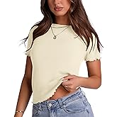 LOMON Women's Crew Neck Short Sleeves T Shirts Ribbed Knit Summer Basic Fitted Tees Lettuce Edge Going Out Tops