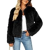 Funlingo Women's Faux Fur Coat Winter Warm Cropped Jacket Trendy Long Sleeve Crew Neck Zip Up Outerwear