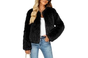 Funlingo Women's Faux Fur Coat Winter Warm Cropped Jacket Trendy Long Sleeve Crew Neck Zip Up Outerwear