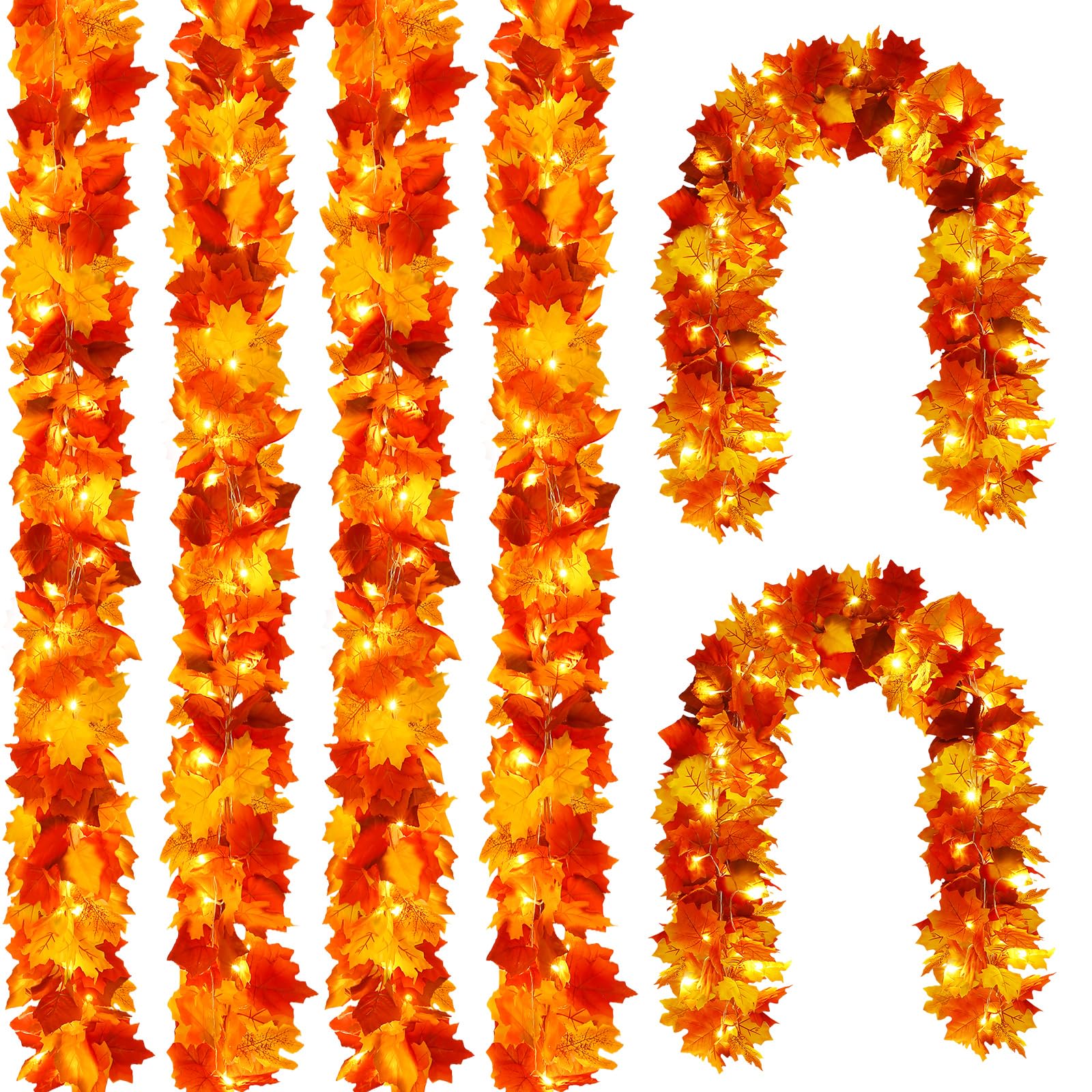 Photo 1 of Joyhalo 6 Pack Fall Garland with Lights, Fall Leaves for Mantle, Outdoor Lighted Up Leaf Garland Autumn Decor with 6.5FT LED String Lights, Hanging Maple Leaves for Door, Thanksgiving Decor