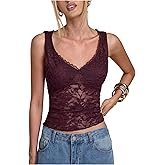 BEAUDRM Women'sY2k Lace Crop Tank Tops V Neck Sleeveless Going Out Top Rave Outfits