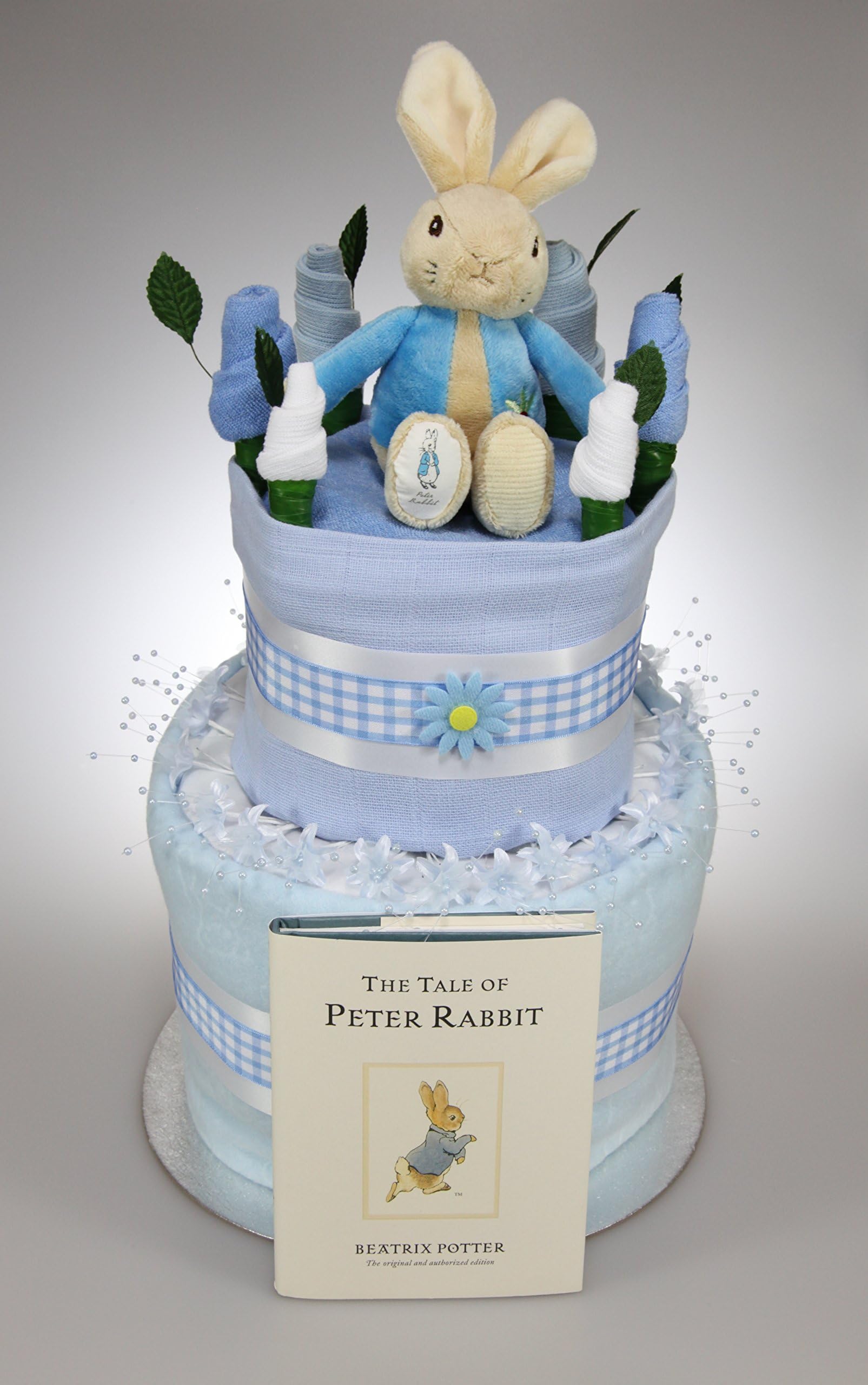 Baby Boy 2 Tier Blue Nappy Cake with Peter Rabbit Toy and Book New Born Baby Gift