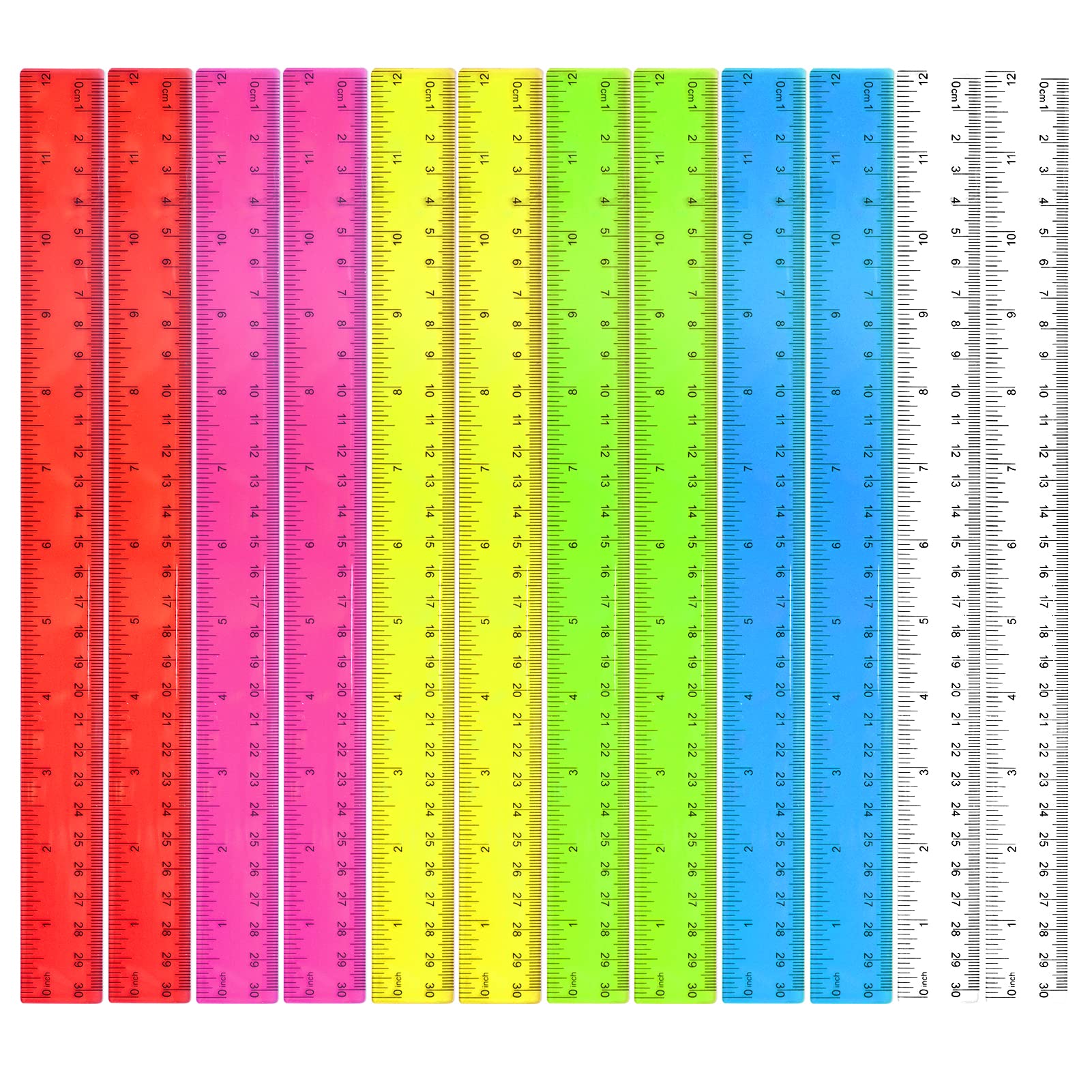12Pcs Plastic Ruler 30cm/12in Shatterproof Colorful Transparent Straight Measuring Rulers 30 cm Multipack Long Clear Coloured Rulers Set for Kids School Supplies Gift Office