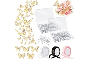 UNITTYPE 263 Pcs Flower Bouquet Accessories, 200 Bouquet Corsages Pins 60 3D Gold Butterfly Wall Decor 3 Rolls Gold Edged Ribbon Flower Diamond Pins Floral Arrangements for Mother's Day Birthday Wedding Party