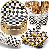 Tioncy 200 Pcs Black and White Racing Checkered Party Supplies Set Serve 25 | Disposable Checkerboard Tableware Set, Paper Plates Forks Napkins Cups Knives Spoons, for Race Car Birthday Party Table Decor