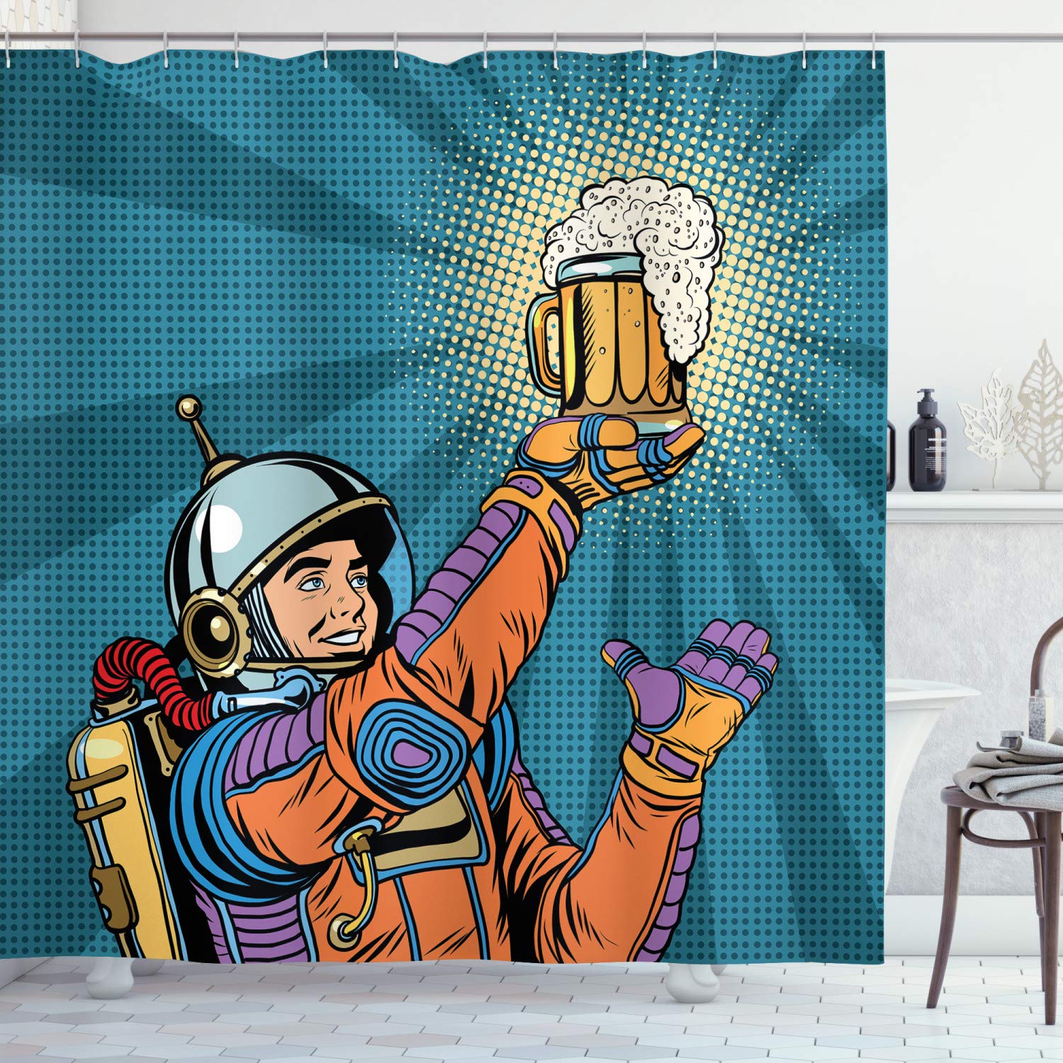 ABAKUHAUS Astronaut Shower Curtain, Colorful Astronaut Holding Beer Thirsty for Beer Long Voyage Retro Style Drawing, Cloth Fabric Bathroom Decor Set with Hooks, 78 Inches, Multicolor