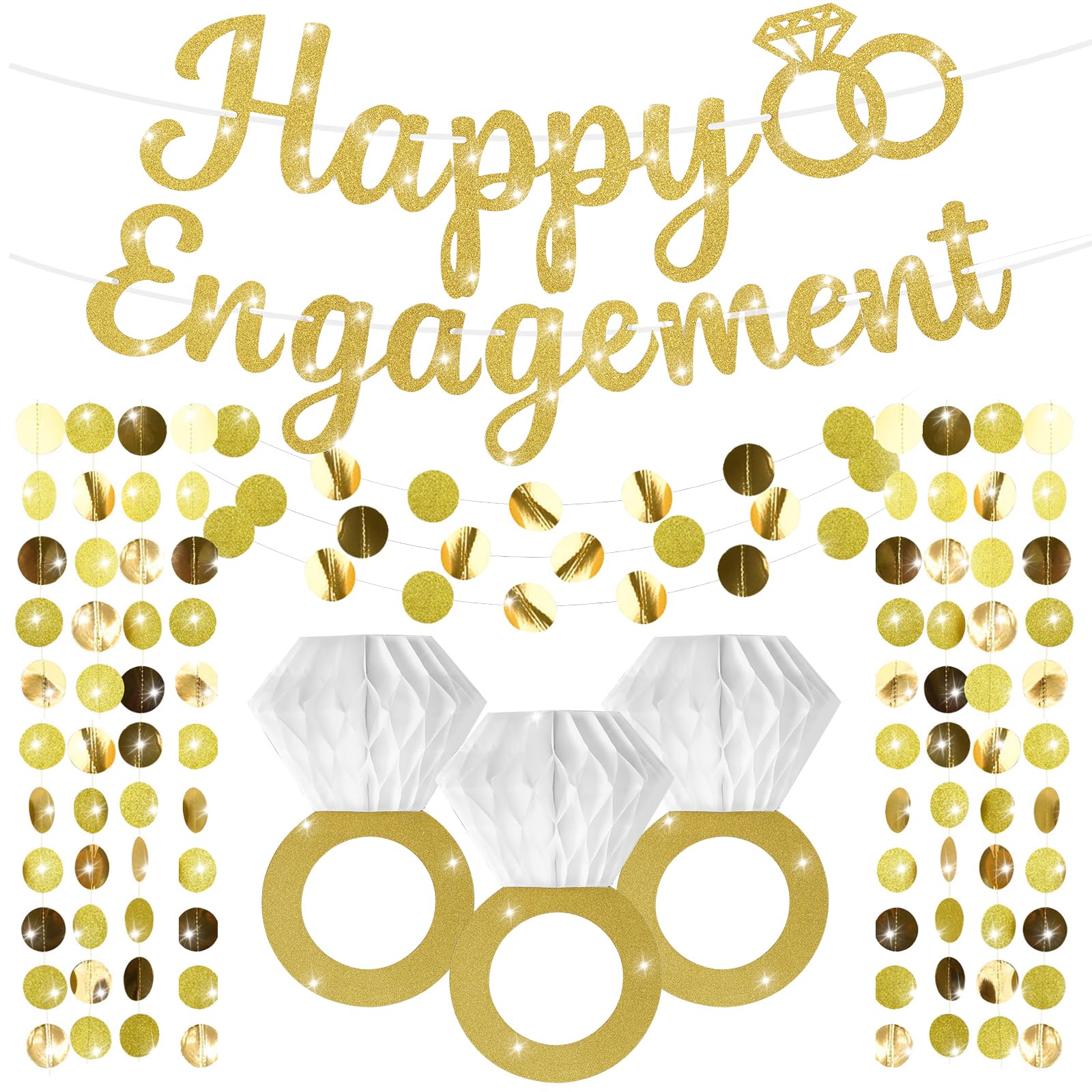 Photo 1 of Engagement Party Decorations Gold Glitter Happy Engaged Banner Diamond Ring Hanging Honeycomb Decor Circle Dot Streamers Garland for Wedding Bachelorette Bridal Shower Anniversary Supplies Favors