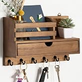Key Holder Wall Mount, Mail Organizer with 6 Hooks and Storage Drawer | Mail Holder for Wall, Wooden Key Rack Hanger with Shelf for Entryway, Home Decor