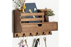 dreampossible Key and Mail Holder for Wall, Mail Organizer Wall Mount with 6 Hooks and Storage Drawer, Wooden Key Rack Hanger with Shelf for Entryway and Home Decor