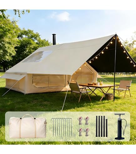 Tents Inflatable Glamping Tent Canvas Bell Tent 2-8 Person Large Yurt Tent Easy Setup Breathable Outdoor Oxford Canvas Teepee Tents 4-Season for Family Camping Hiking ( Color : Without Skylight