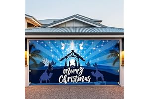BEAUTE ELITE 7x16ft Christmas Garage Door Cover, 2024 Garage Door Christmas Decorations, Double Christmas Garage Door Decorations, Outdoor Christmas Garage Door Banner (Holy Night Blue)