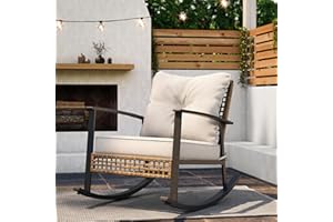 LAUSAINT HOME Outdoor Wicker Rocking Chair, Oversized Patio Chair Comfy Rocker Chair with Thick Cushion, Modern Cozy Lounge C