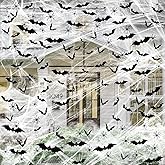 Famoby 1600 sqft Halloween Spider Webs and 120pcs Fake Bats and 50pcs Fake Spiders Super Stretch Cobwebs Party Decorate for Halloween Theme Indoor and Outdoor Decoration