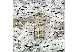 Famoby 1200 sqft Halloween Spider Webs and 120pcs Fake Bats and 50pcs Fake Spiders Super Stretch Cobwebs Party Decorate for Halloween Theme Indoor and Outdoor Decoration