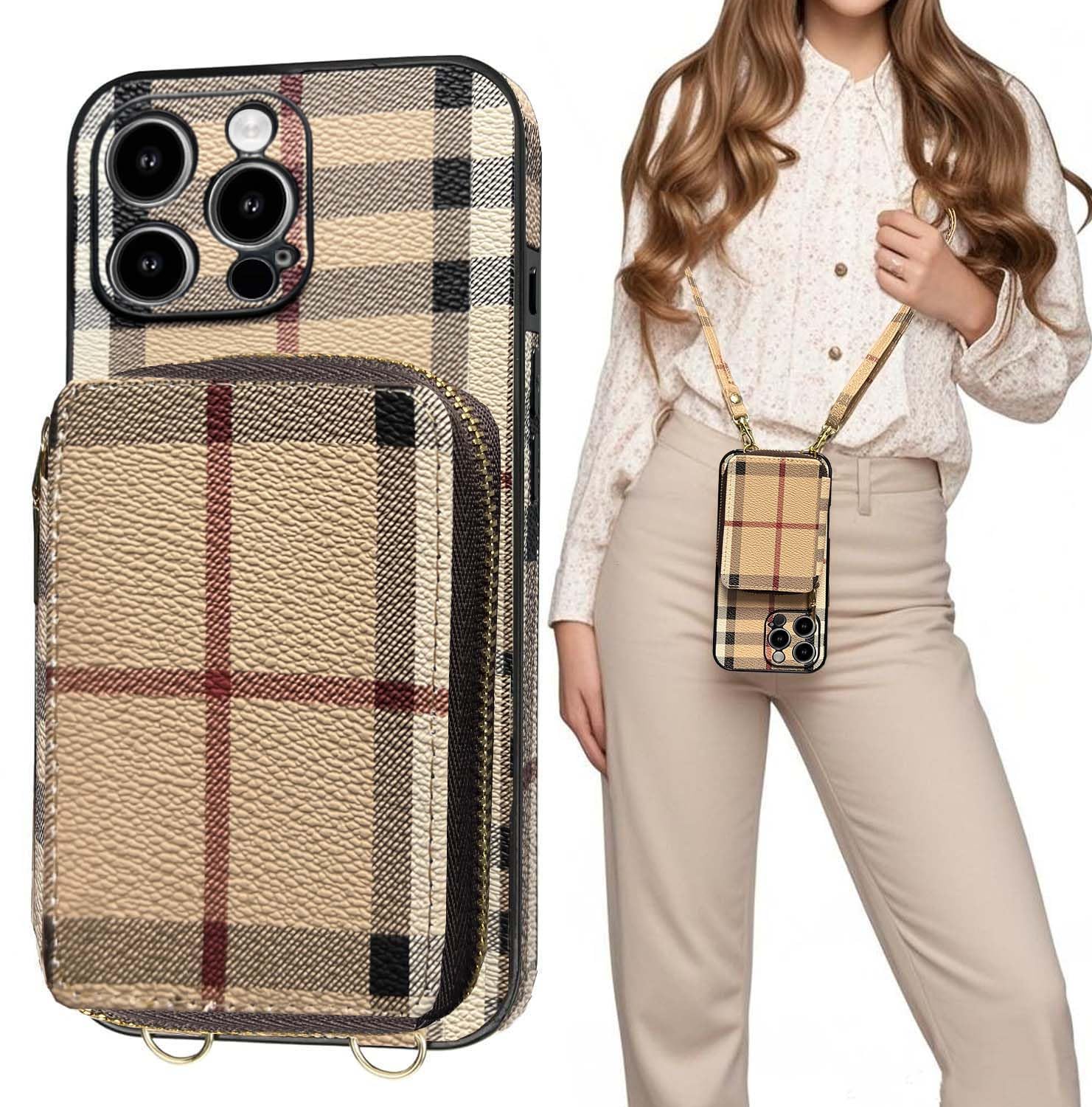 Photo 1 of AMLDU Compatible with iPhone 16 Pro Max Wallet Case with Card Holder, Luxury Classic Leather Zipper Crossbody Lanyard Flip Cash Phone Purse Cover for Women 5G 6.9 Inch Khaki