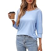 Womens Tops Work 3/4 Sleeve Dressy Casual Blouses Loose Fit Three Quarter Length T-Shirts