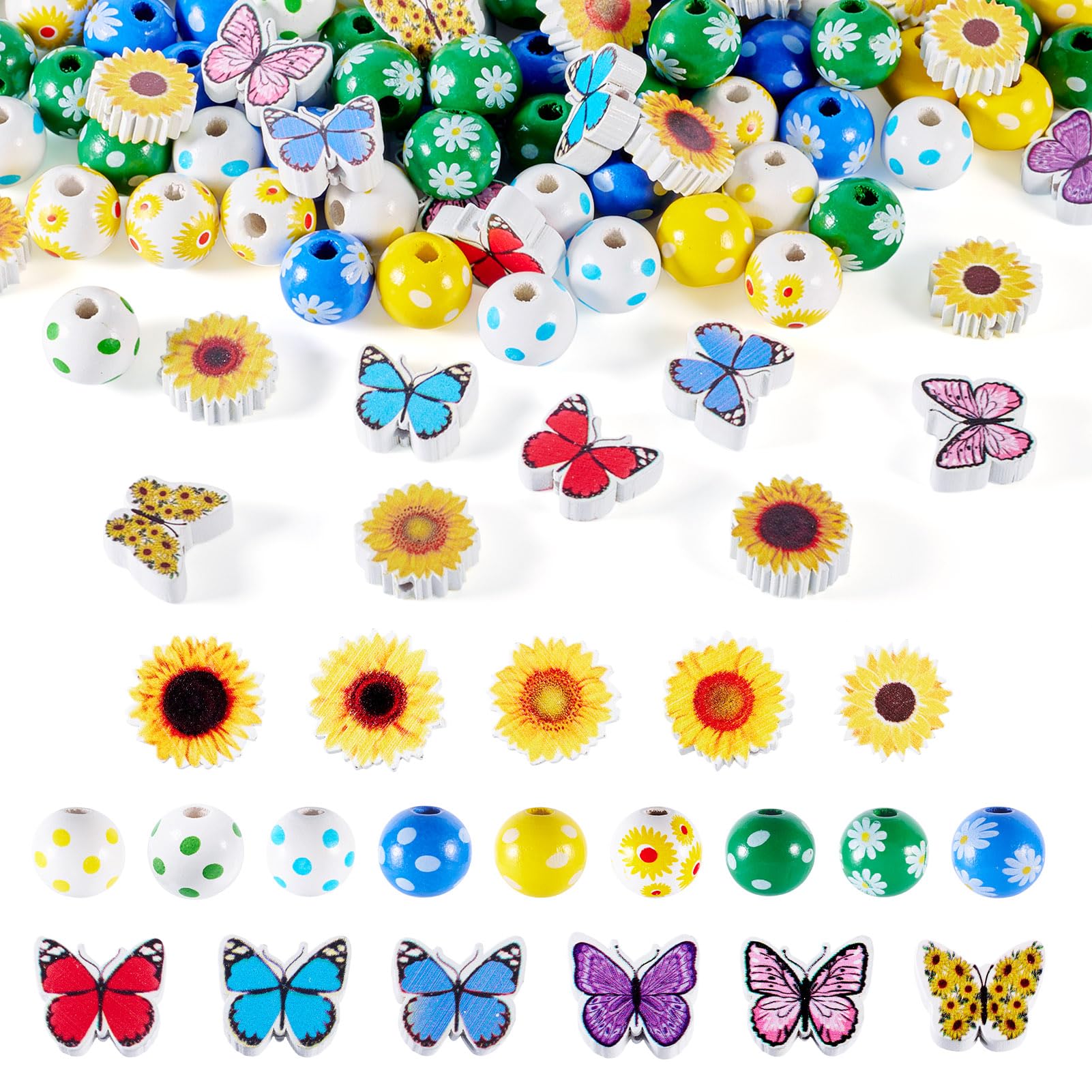 Crafans 134Pcs Butterfly & Sunflower Wood Beads, 15mm Round, Large Hole, Printed Wood Beads, Bulk for DIY Bracelet Jewelry Making