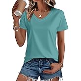 SMENG Women's Cotton V Neck T-Shirt Short Sleeve Solid Color Tee Casual Fit Tee Breathable Summer Fashion Tops