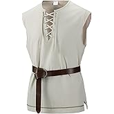 Lainvenor Mens Renaissance Shirts Sleeveless Cotton Lace up Shirts for Pirate Viking Medieval Cosplay Costume Without Belt