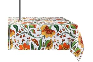 ColorBird Botanical Print Outdoor Tablecloth Water Resistant Spillproof Polyester Fabric Table Cover with Zipper Umbrella Hole for Patio Garden Tabletop Decor (60 x 84 Inch, Zippered, Red Flower)