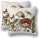 Churent Mushroom Pillow Covers 18 x 18 Set of 2 Mushrooms Plants Butterfly Linen Throw Pillow Cover Vintage Botanical Decorative Pillowcases for Living Room Couch Bed Sofa Outdoor